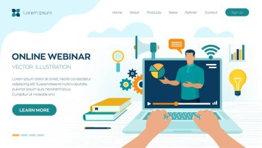 Giyin. İnternet konferansı. Web tabanlı seminer. Mesafe öğrenme. E-öğrenme işi konsepti. Video dersleri için. Çevrimiçi kurslar. İş yeri ve dizüstü bilgisayarla çalışmak. Vektör illüstrasyonu