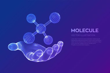 Molekül elimde. DNA, atom, nöronlar. Moleküller ve kimyasal formüller. Tıp, bilim, teknoloji, kimya, biyoloji vektörü illüstrasyonu için 3D Bilimsel arkaplan