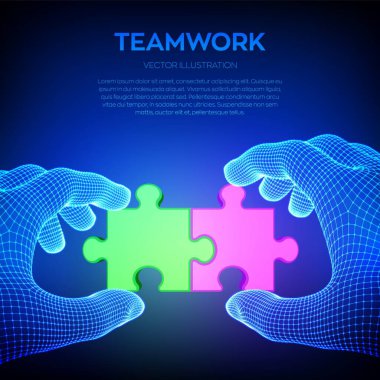 Bağlı kırmızı ve yeşil yapboz parçaları tel şeklinde ellerde. Yapboz parçaları ortaklığın ve bağlantının sembolü. İş çözümleri, strateji ve başarı. Takım çalışması konsepti. Vektör İllüstrasyonu