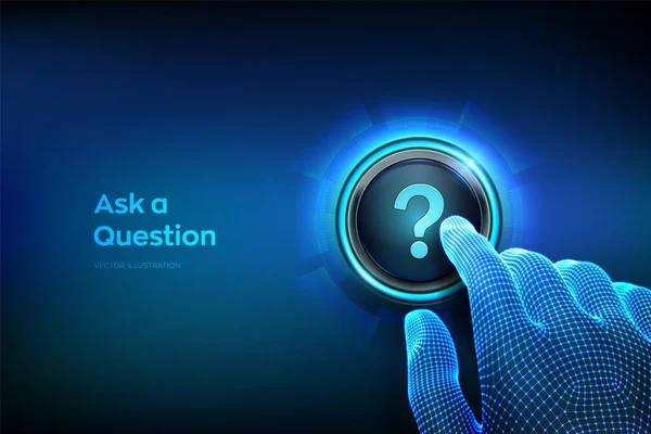 Ask Question Closeup Finger Press Button Question Mark Ask Symbol — Stock Vector