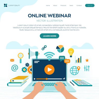 Giyin. İnternet konferansı. Web tabanlı seminer. Mesafe öğrenme. E-öğrenme işi konsepti. Video dersleri için. Çevrimiçi kurslar. İş yeri ve dizüstü bilgisayarla çalışmak. Vektör illüstrasyonu