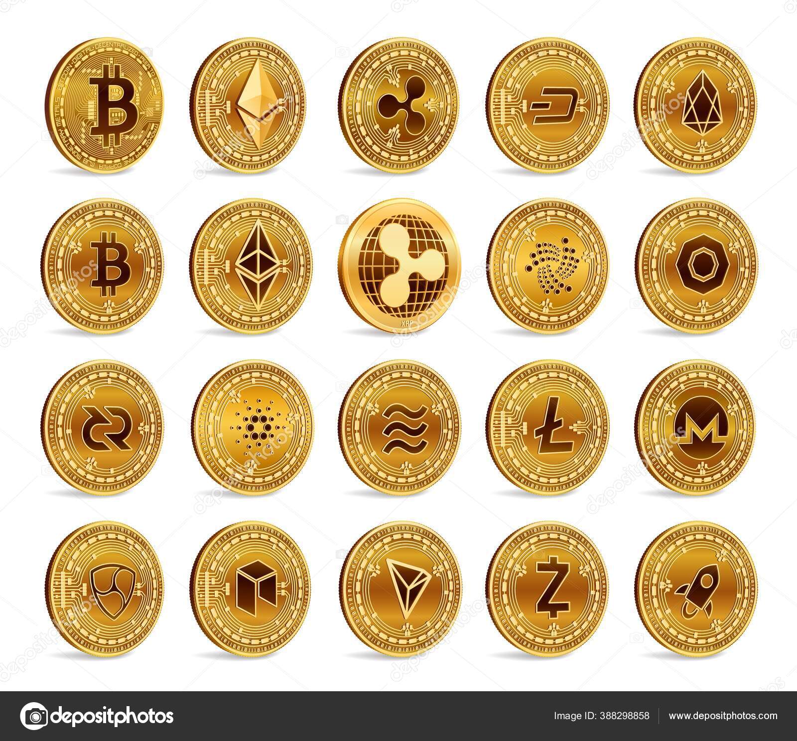 Cryptocurrency Physical Coins Set Golden Crypto Currency Coins Isolated  White Stock Vector by ©IuriiMotov 388298858
