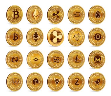 Şifreli madeni paralar ayarlandı. Beyaz arka planda izole edilmiş 3 boyutlu Altın Kripto para birimleri. Bitcoin. Dalgacık. Ethereum. Dash. Edebiyat. EOS. Terazi. Çok. Monero mu? Yıldız Nem Vektörü illüstrasyonu