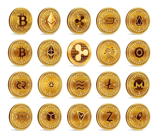 Şifreli madeni paralar ayarlandı. Beyaz arka planda izole edilmiş 3 boyutlu Altın Kripto para birimleri. Bitcoin. Dalgacık. Ethereum. Dash. Edebiyat. EOS. Terazi. Çok. Monero mu? Yıldız Nem Vektörü illüstrasyonu