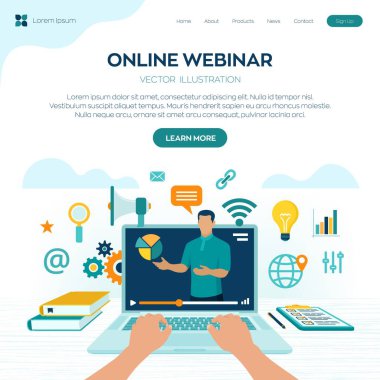 Giyin. İnternet konferansı. Web tabanlı seminer. Mesafe öğrenme. E-öğrenme işi konsepti. Video dersleri için. Çevrimiçi kurslar. İş yeri ve dizüstü bilgisayarla çalışmak. Vektör illüstrasyonu