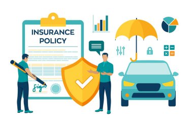 Araba sigortası konsepti. Araba koruması ve güvenlik sigortası. Araç kazası sigortası. Felaketten korunmak. Karakterler ve simgelerle renkli düz biçim vektör çizimi