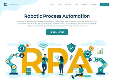 RPA Robotik İşlem Otomasyon Teknolojisi Konsepti. Akıllı sistem otomasyonu. Al. Yapay zeka. Karakterler ve simgelerle renkli düz biçim vektör çizimi