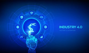 Smart Industry 4.0 konsepti. Fabrika otomasyonu. Özerk endüstriyel teknoloji. Sanayi devrimleri basamakları. Robot el dijital arayüze dokunuyor. Vektör illüstrasyonu
