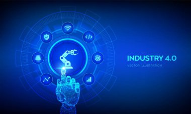 Smart Industry 4.0 konsepti. Fabrika otomasyonu. Özerk endüstriyel teknoloji. Sanayi devrimleri basamakları. Robot el dijital arayüze dokunuyor. Vektör illüstrasyonu