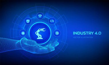 Smart Industry 4.0 sembolü robotik elde. Fabrika otomasyonu. Özerk endüstriyel teknoloji konsepti. Sanayi devrimleri basamakları. Vektör illüstrasyonu