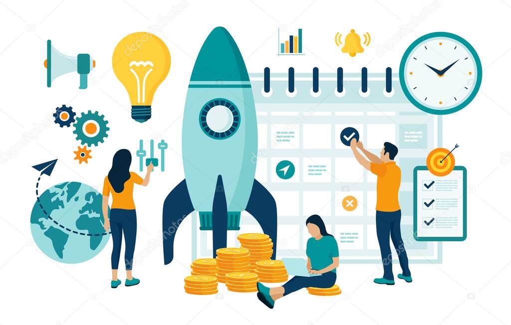 Startup business project launch. Idea through planning and strategy, time management, realization. Teamwork in the startup. Start up concept with spaceship. Flat vector illustration with characters