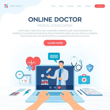 Çevrimiçi tıbbi danışmanlık ve destek hizmetleri kavramı. Çevrimiçi sağlık ve tıbbi danışmanlık Tele tıp e-sağlık hizmetleri. Doktor bilgisayar ekranından arıyor. Renkli düz vektör çizimi