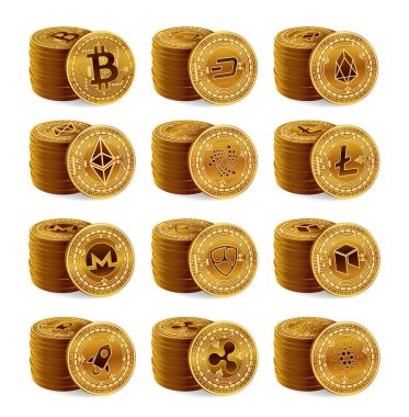 Kripto para birimi fiziksel madeni paralar dizildi. Beyaz arka planda izole edilmiş 3 boyutlu Altın Kripto para birimleri. Bitcoin, Ripple, Ethereum, Litecoin, Monero ve diğerleri. Vektör illüstrasyonu