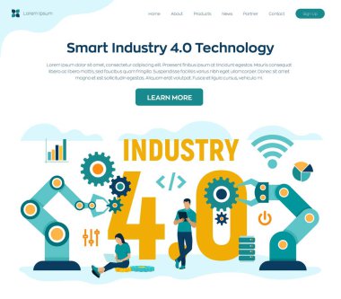 Smart Industry 4.0 konsepti. Sanayi devrimleri basamakları. Fabrika otomasyonu. Özerk endüstriyel teknoloji. Karakterler ve simgelerle renkli düz biçim vektör çizimi