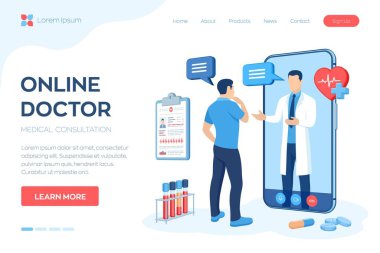 Çevrimiçi tıbbi danışmanlık ve destek hizmetleri kavramı. Doktor, akıllı telefon ekranından arıyor. Çevrimiçi sağlık ve tıbbi danışmanlık. Tele tıp e-sağlık servisi. Düz vektör illüstrasyonu