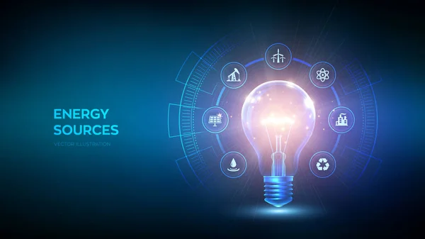 Glödande Glödlampa Med Energiresursikon Och Energibesparingskoncept Energikällor Kampanj För Miljövänlig — Stock vektor