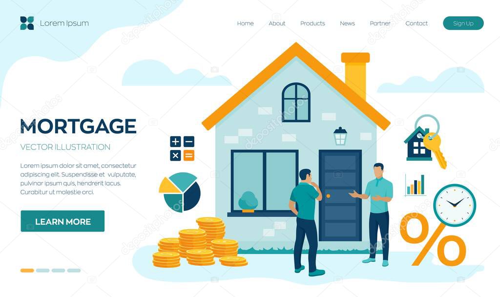 Mortgage concept. House loan or money investment to real estate. Property money investment contract. Buying Home. Real estate agent presenting house to client. Vector illustration with characters
