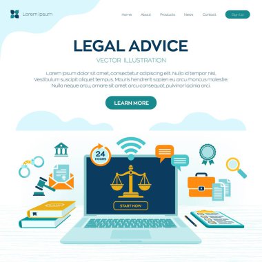 Çevrimiçi Hukuki Tavsiye Konsepti. İş hukuku, avukat, avukat. Avukat sitesi laptop ekranında. Profesyonel hukuk danışmanı çevrimiçi, iş için hukuki yardım. Vektör illüstrasyonu