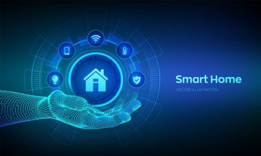Robotik elde akıllı ev ikonu. Otomasyon kontrol sistemi konsepti. Sanal ekrandaki akıllı ev otomasyon asistanının gelecekteki arayüzü. Vektör illüstrasyonu