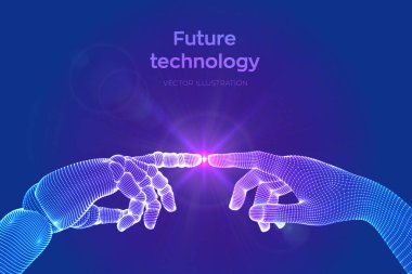 Robotun Elleri ve İnsan Dokunuşu. Cyborg parmağı insan parmağına dokunmak üzere. İnsanlar ve yapay zeka arasındaki bağlantının sembolü. Bilim, gelecek teknolojisi. Vektör İllüstrasyonu