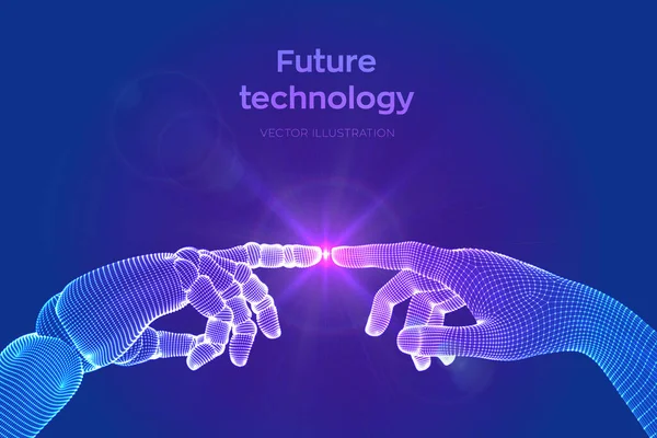 Hands of Robot and Human Touching. Cyborg finger about to touch human finger. Symbol of connection between people and artificial intelligence. Science, future technology. Vector Illustration