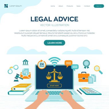 Çevrimiçi Hukuki Tavsiye Konsepti. İş hukuku, avukat, avukat. Avukat sitesi laptop ekranında. Profesyonel hukuk danışmanı çevrimiçi, iş için hukuki yardım. Vektör illüstrasyonu