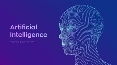 Al. Yapay zeka konsepti. Ai dijital beyin. Soyut dijital insan yüzü. Robot dijital bilgisayar yorumlamasında insan kafası. Robot konsepti. Kablo çerçeveli kafa konsepti. Vektör illüstrasyonu