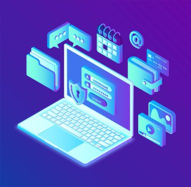 Veri koruması. Bilgisayarı ekranda yetki formuyla açın, kişisel veri koruması. Kimlik doğrulama sistemi, veri erişimi, laptop ekranındaki giriş formu. 3 boyutlu izometrik tasarım. Vektör illüstrasyonu