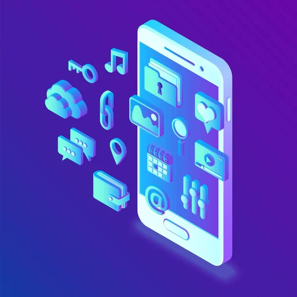Aplikacje Społecznościowe Smartfonie Media Społecznościowe Ikony Izometryczne Aplikacje Mobilne Stworzony — Wektor stockowy