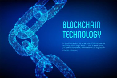 Blok zinciri. Şifreli para birimi. Blockchain konsepti. Dijital bloklu üç boyutlu kablo zinciri. Düzenlenebilir şifreleme şablonu. Stok vektör illüstrasyonu