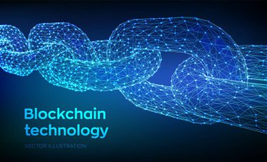Blok zinciri. Şifreli para birimi. Blockchain konsepti. 3D düşük çokgen zincir ağ bağlantılarından oluşur. Dijital kod kavramı. Düzenlenebilir şifreleme şablonu. Vektör illüstrasyonu