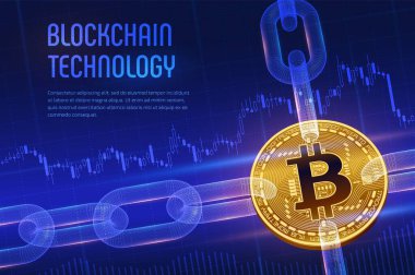 Şifreli para birimi. Blok zinciri. Bitcoin. Mavi finans zemininde kablo zinciri olan üç boyutlu izometrik fiziksel altın bitcoin. Blockchain konsepti. Düzenlenebilir şifreleme şablonu. vektör illüstrasyonu