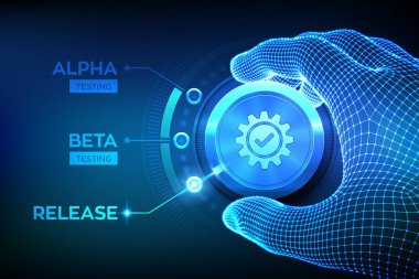 Yazılım mühendisliği konsepti. Alfa Beta Tahliye Testi. Tel çerçeve eli test süreci düğmesini çeviriyor ve serbest ürün kipini seçiyor. Yazılım veya uygulama geliştirme fazları Vektör illüstrasyonuName