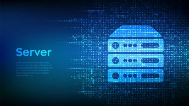 Sunucu ve veri depolama geçmişi. Bilgisayar sunucusu simgesi ikili kodla oluşturuldu. Sunucu sunucusu. Dijital ikili veri ve dijital kod yayını. 1.0 basamaklı matris arkaplanı. Vektör İllüstrasyonu