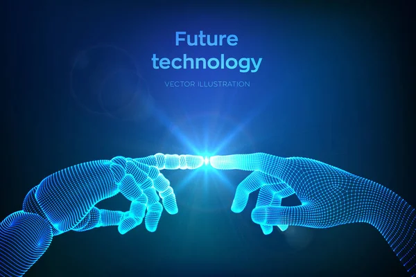 Robotun Elleri ve İnsan Dokunuşu. Cyborg parmağı insan parmağına dokunmak üzere. İnsanlar ve yapay zeka arasındaki bağlantının sembolü. Bilim, gelecek teknolojisi. Vektör İllüstrasyonu