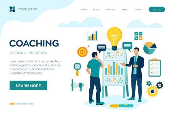 Coaching and mentoring concept. Business advise or consultation service. Businessman with personal mentor and business trainer discussing business strategy. Training courses. Vector illustration