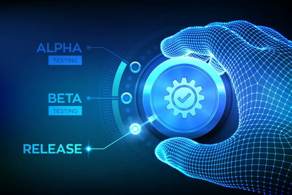 Yazılım mühendisliği konsepti. Alfa Beta Tahliye Testi. Tel çerçeve eli test süreci düğmesini çeviriyor ve serbest ürün kipini seçiyor. Yazılım veya uygulama geliştirme fazları Vektör illüstrasyonuName