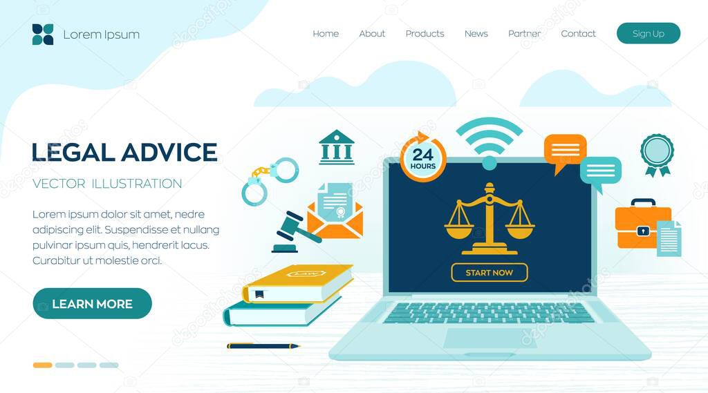 Online Legal advice concept. Labor law, Lawyer, Attorney at law. Lawyer website on laptop screen. Professional law attorney consultation online, legal assistance in business. Vector illustration