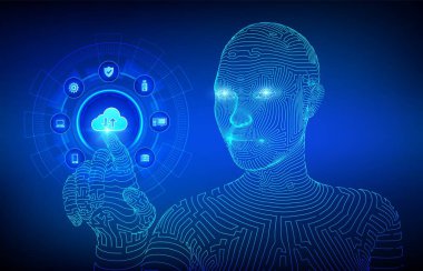 Yedek Depo Verisi. İş verileri çevrimiçi bulut yedeği. İnternet Teknolojisi İş Konsepti. Çevrimiçi bağlantı. Veri tabanı. Sayborg eli dijital arayüze dokunuyor. Vektör illüstrasyonu