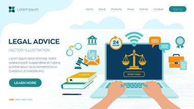 Çevrimiçi Hukuki Tavsiye Konsepti. İş hukuku, avukat, avukat. Avukat sitesi laptop ekranında. Profesyonel hukuk danışmanı çevrimiçi, iş için hukuki yardım. Vektör illüstrasyonu