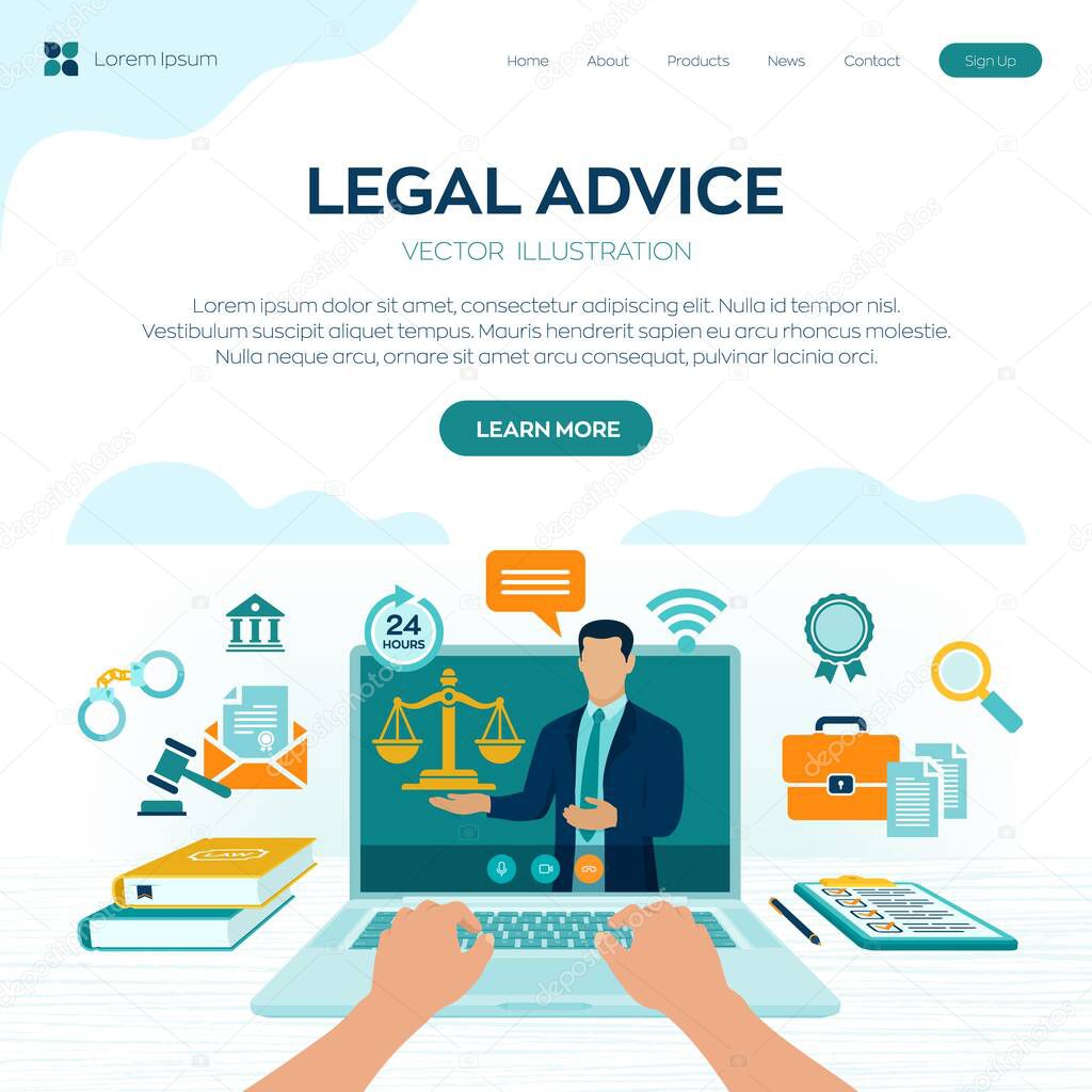 Online Legal advice concept. Labor law, Lawyer, Attorney at law. Lawyer website on laptop screen. Professional law attorney consultation online, legal assistance in business. Vector illustration