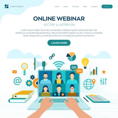 Giyin. İnternet konferansı. Web tabanlı seminer. Mesafe öğrenme. E-öğrenme işi konsepti. Video dersleri ve kurslar. Çevrimiçi iş görüşmesi formu. Vektör illüstrasyonu