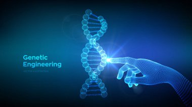 Elle dokunulan DNA dizisi molekülleri yapı örgüsü. Tel çerçeve DNA kodu düzenlenebilir şablon. Genetik mühendisliği. Tıbbi araştırma. Bilim ve Teknoloji konsepti. Vektör illüstrasyonu