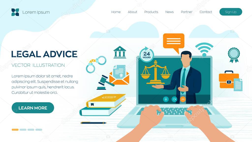 Online Legal advice concept. Labor law, Lawyer, Attorney at law. Lawyer website on laptop screen. Professional law attorney consultation online, legal assistance in business. Vector illustration