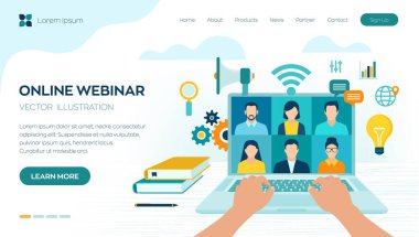 Giyin. İnternet konferansı. Web tabanlı seminer. Mesafe öğrenme. E-öğrenme işi konsepti. Video dersleri ve kurslar. Çevrimiçi iş görüşmesi formu. Vektör illüstrasyonu