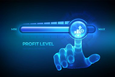 Increasing Profit Level. Wireframe hand is pulling up to the maximum position progress bar with the profit icon. Finance concept of profitability or return on investment. Vector illustration clipart