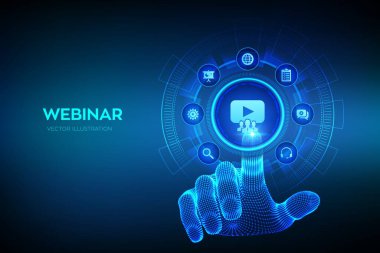 Giyin. İnternet konferansı. Web tabanlı seminer. Mesafe öğrenme. Sanal ekranda e-öğrenim iş teknolojisi kavramı. Telli el dijital arayüze dokunuyor. Vektör illüstrasyonu