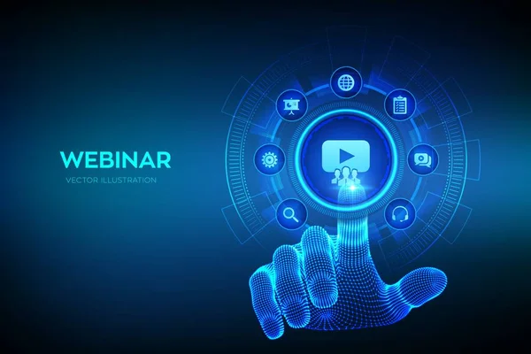Giyin. İnternet konferansı. Web tabanlı seminer. Mesafe öğrenme. Sanal ekranda e-öğrenim iş teknolojisi kavramı. Telli el dijital arayüze dokunuyor. Vektör illüstrasyonu