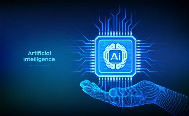 Yapay zeka çipi, yapay zeka dijital beyin devre kartı ikonu ile birlikte. Yapay zeka bir mikroişlemciye entegre edildi. Yapay zeka teknolojisi konsepti. Vektör illüstrasyonu