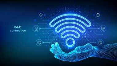 Wi-Fi ağı. Wi-Fi simgesi elinde. Wlan erişimi, kablosuz bağlantı sinyali sembolü. Mobil bağlantı bölgesi. Yönlendirici iletim. Devre çizelgesi. PCB baskılı devre dokusu. Vektör illüstrasyonu